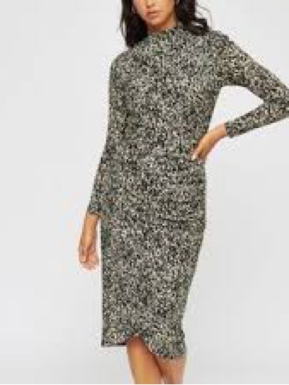 Dynamite Black and White Speckled Mock-Neck Long Sleeve Midi Dress